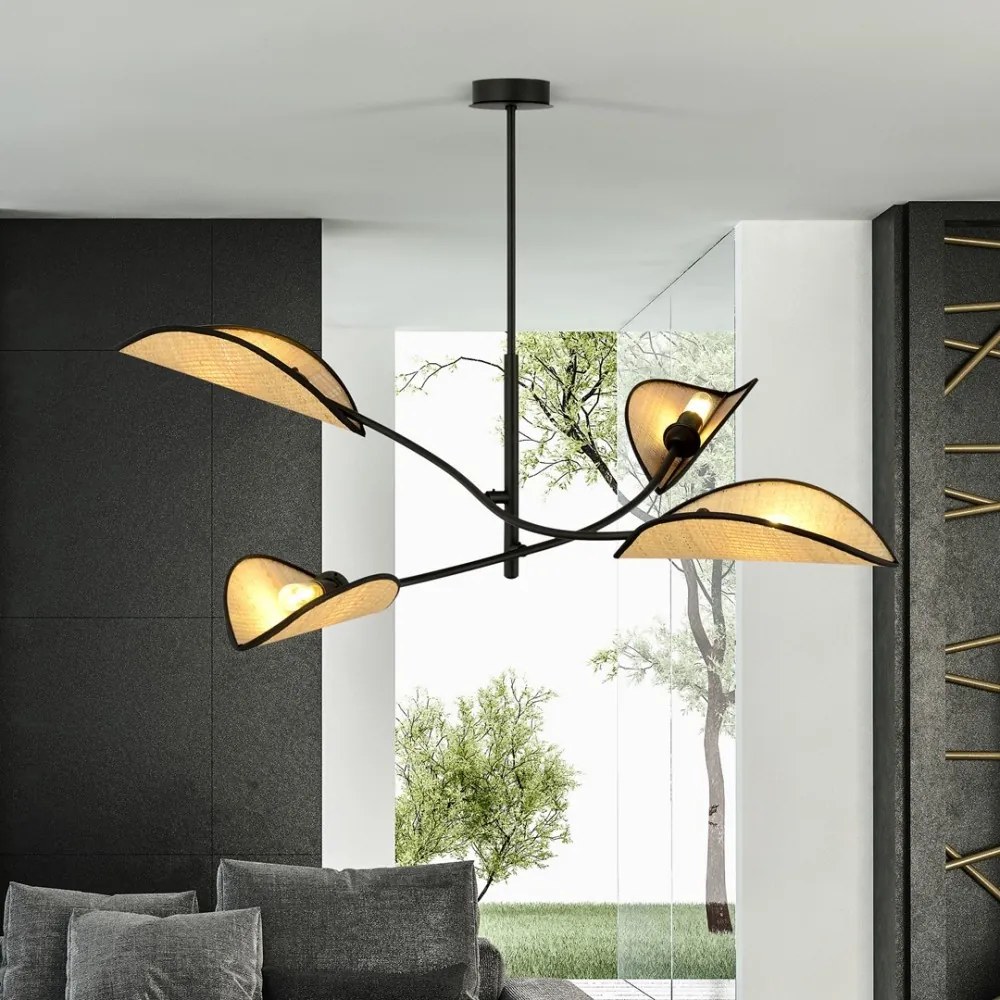 Lampadario a Sospensione in Acciaio e Tessuto LOTUS 4 Nero 4xE14 Colore del corpo Nero e Rattan