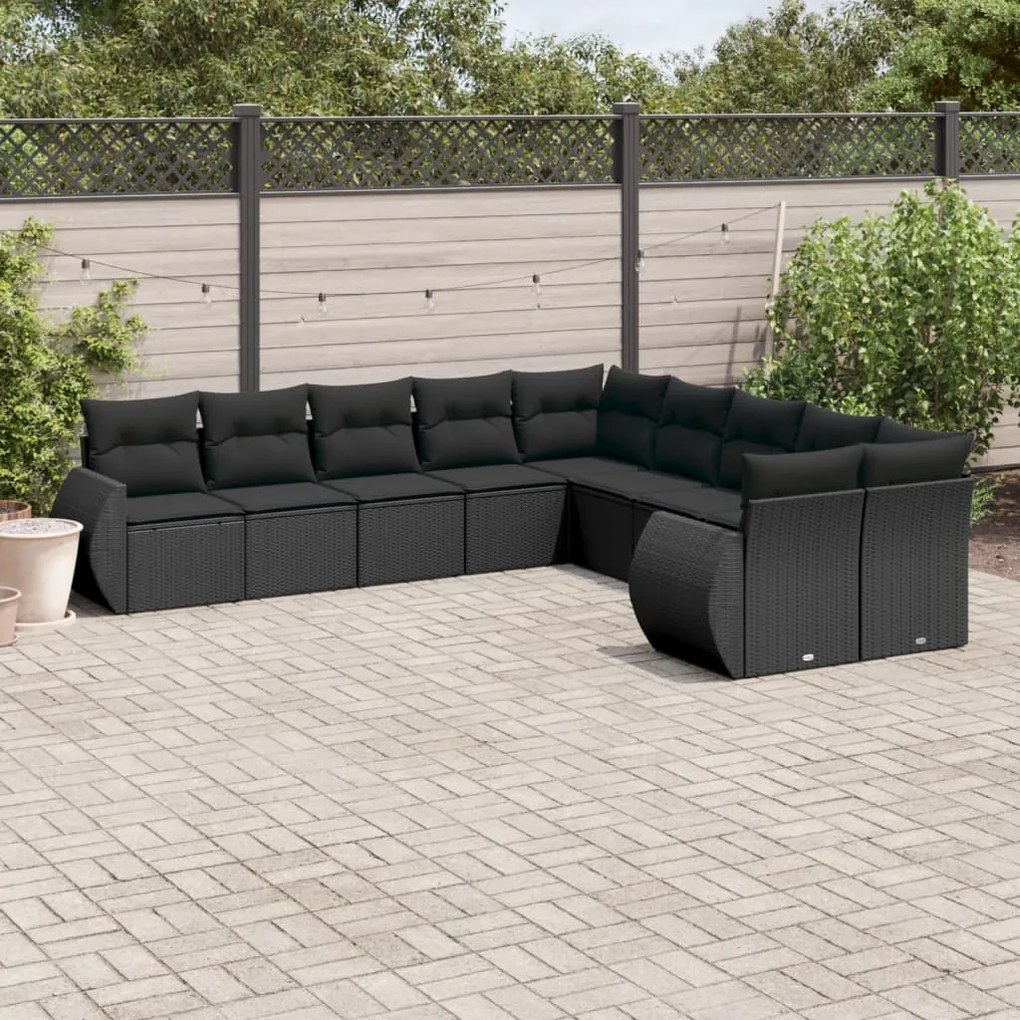 Set divani da giardino 10pz con cuscini in polyrattan nero