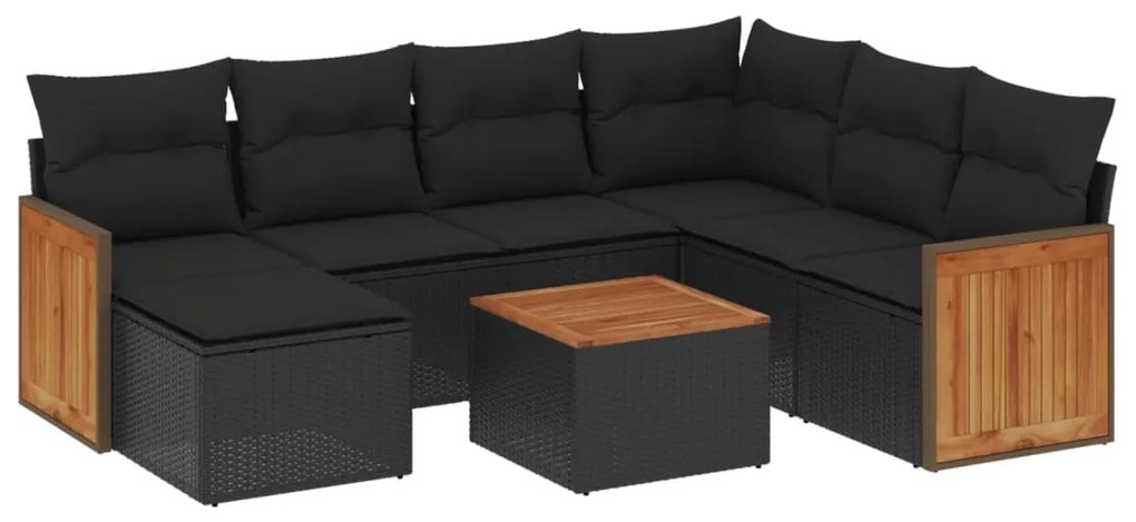 Set divani da giardino con cuscini 8 pz nero in polyrattan