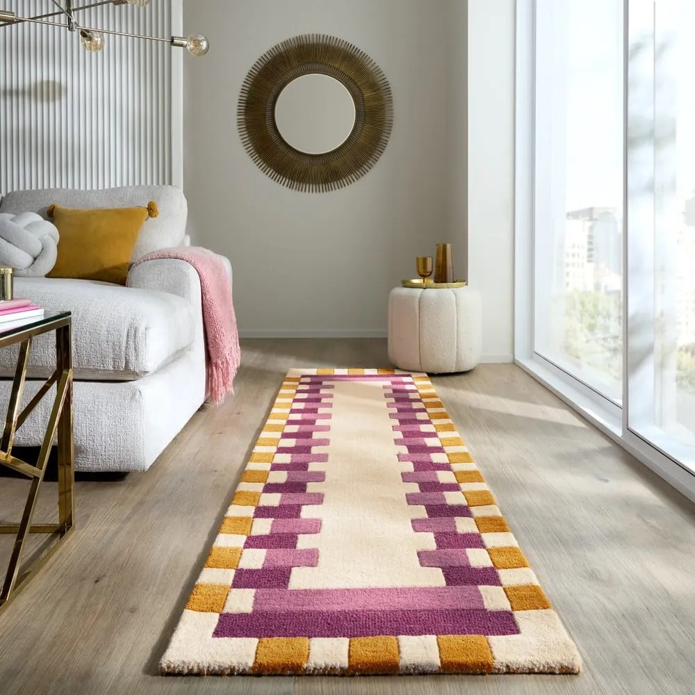 Passatoia in lana giallo-rosa intrecciato a mano 60x230 cm Kai Wool Border - Flair Rugs