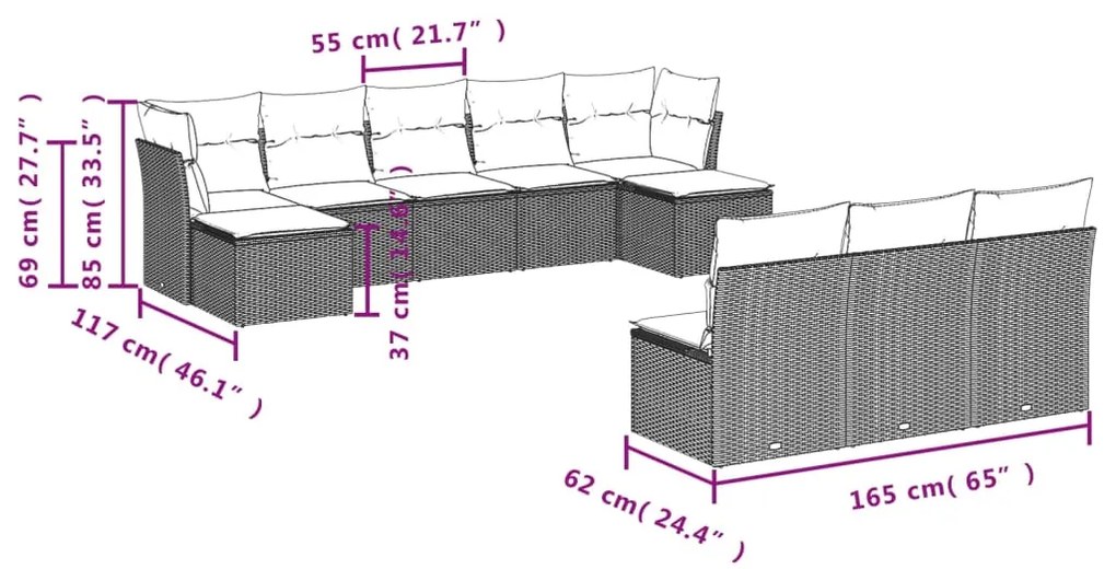 Set Divano da Giardino 10 pz con Cuscini Beige in Polyrattan