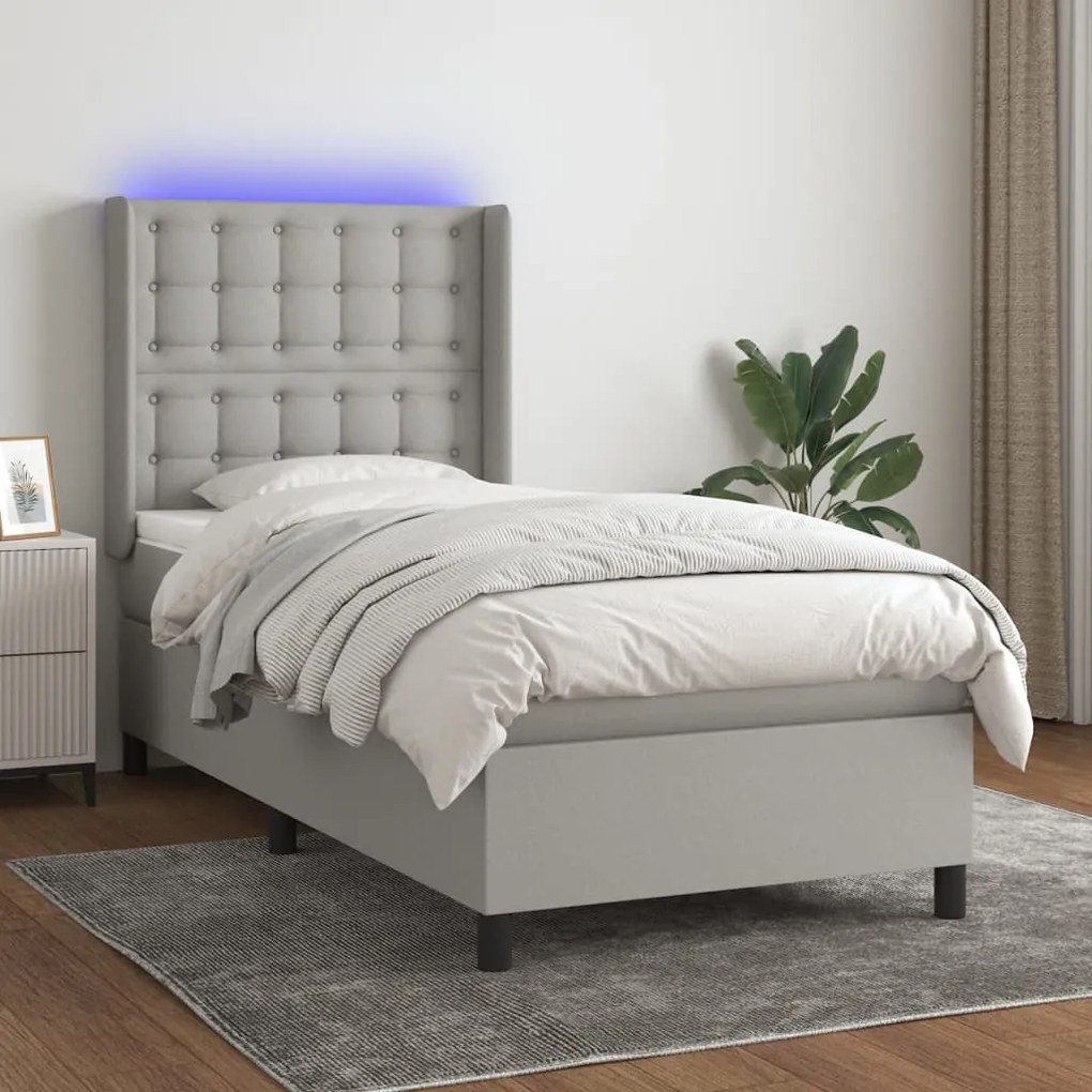 Letto A Molle Materasso E Led Grigio Chiaro 100x200 Cm Tessuto /