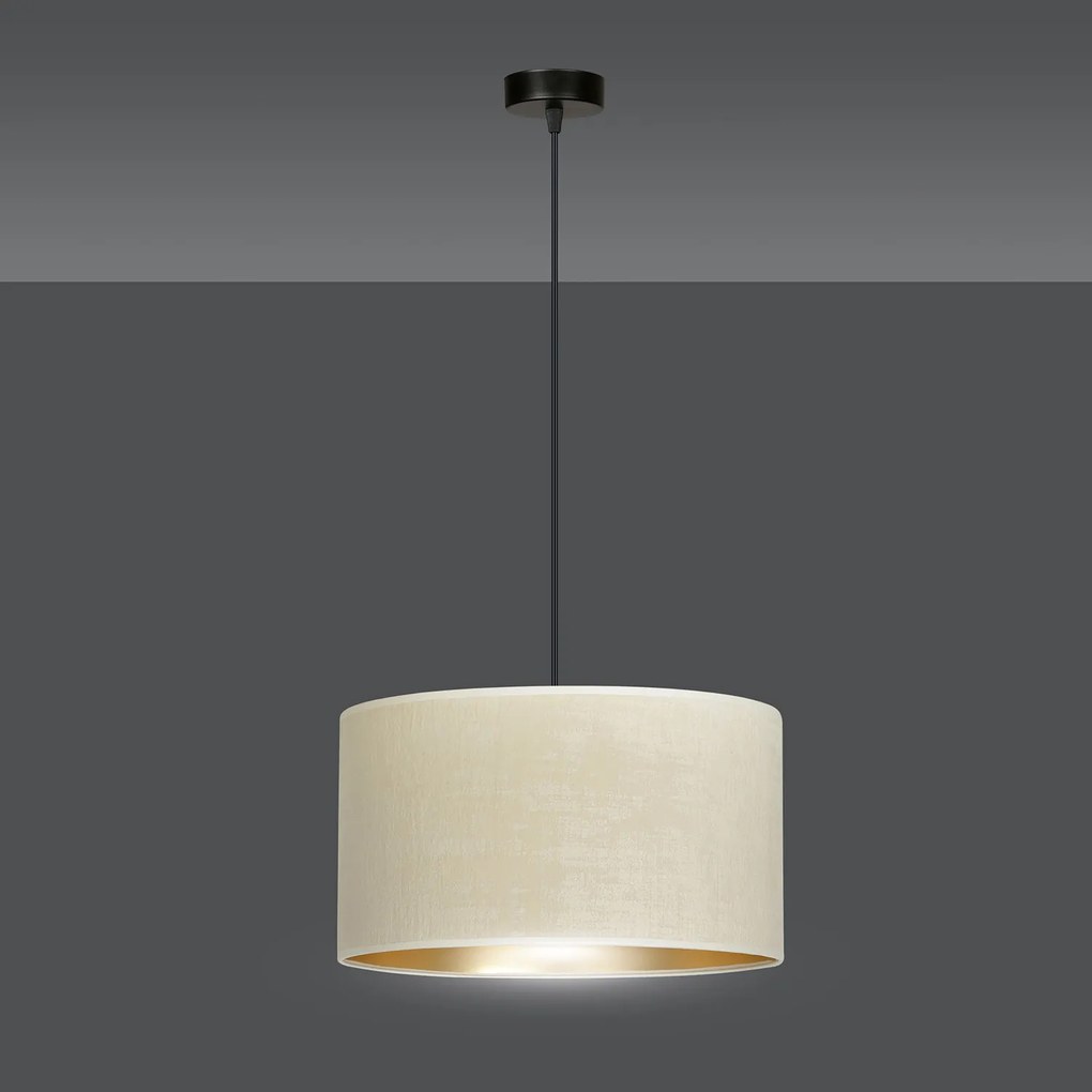 Sospensione 1 Luce Ganesha In Acciaio Nero E Paralume In Tessuto Beige