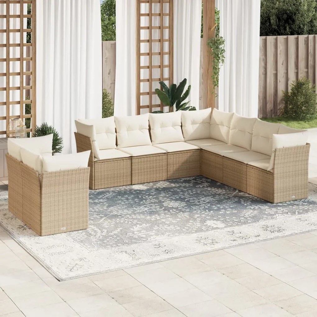 Set divano da giardino 9 pz con cuscini beige in polyrattan