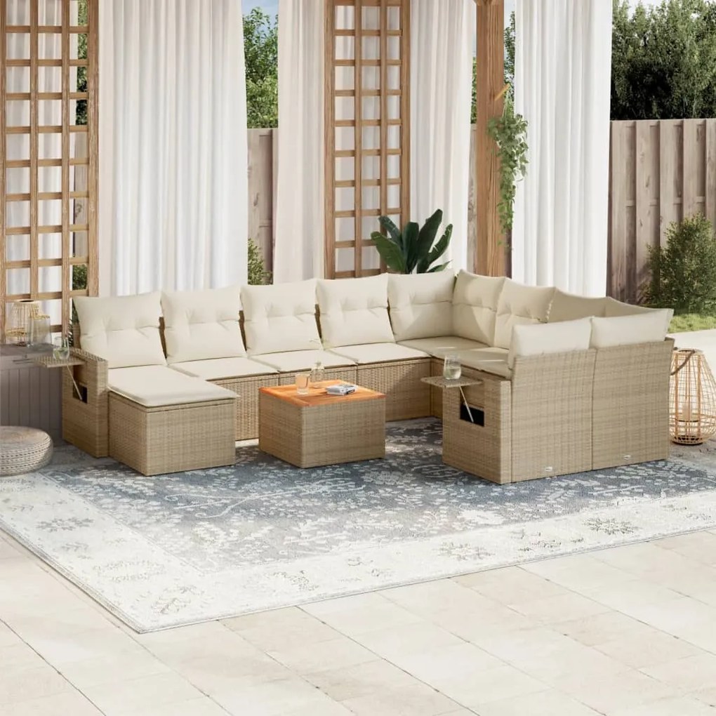 Set divani da giardino 11 pz con cuscini beige in polyrattan