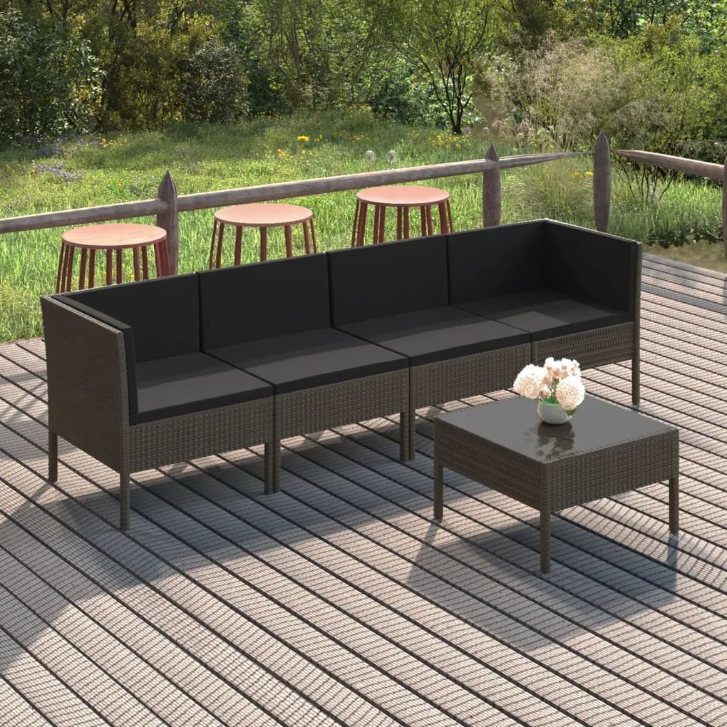 Set Divani da Giardino 5 pz con Cuscini in Polyrattan Grigio