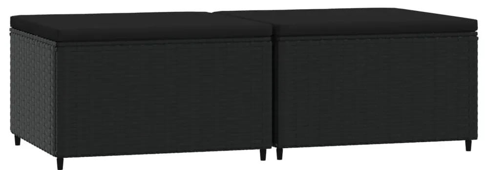 Poggiapiedi da giardino con cuscini in polyrattan nero