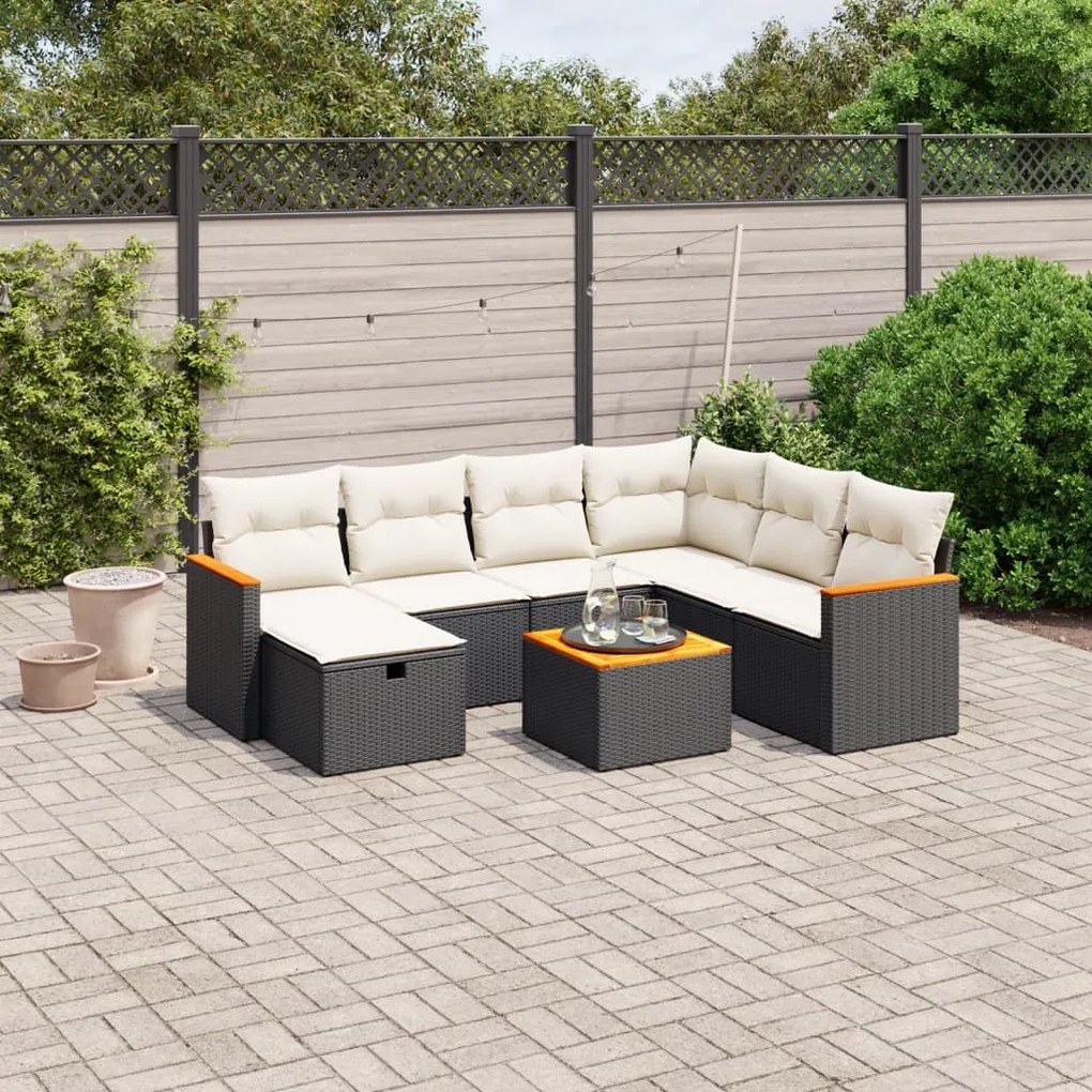 Set divani da giardino con cuscini 8 pz nero in polyrattan