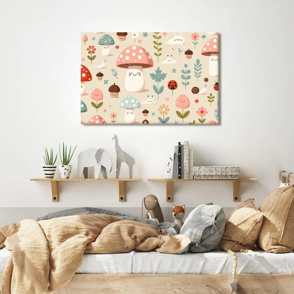 Quadro su tela – Foresta allegra con funghi e animali
