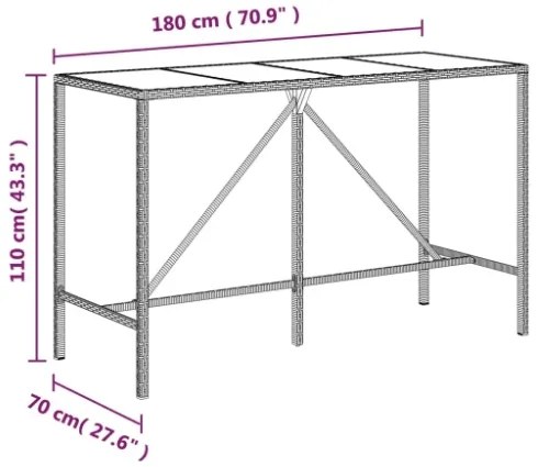 Tavolo da Bar con Piano in Vetro Grigio 180x70x110cm Polyrattan