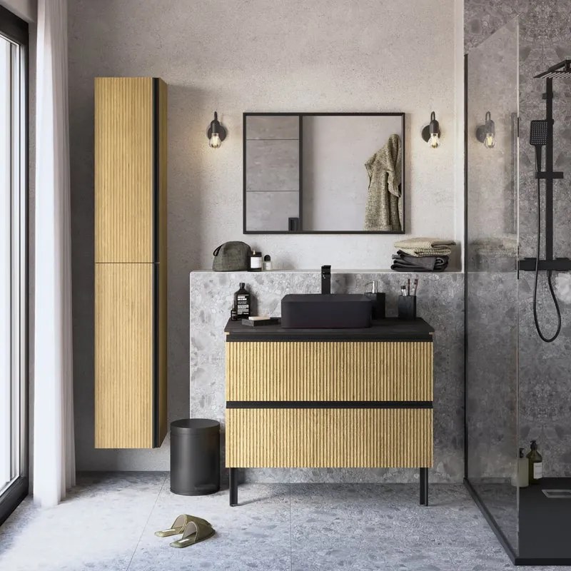 Mobile da bagno Studio composto da base porta lavabo 2 cassetti rovere cannettato L 90 X H 58 X P 48,1 cm, top effetto pietra e lavabo d'appoggio rettangolare nero opaco.