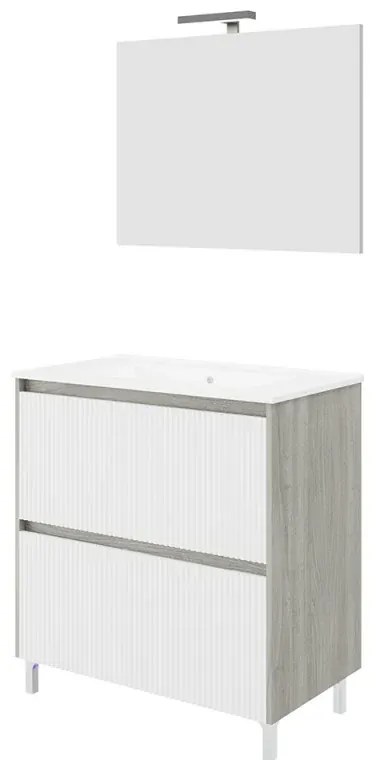 Mobile bagno a terra 80 cm bianco cannettato e grigio con cassetti Porto