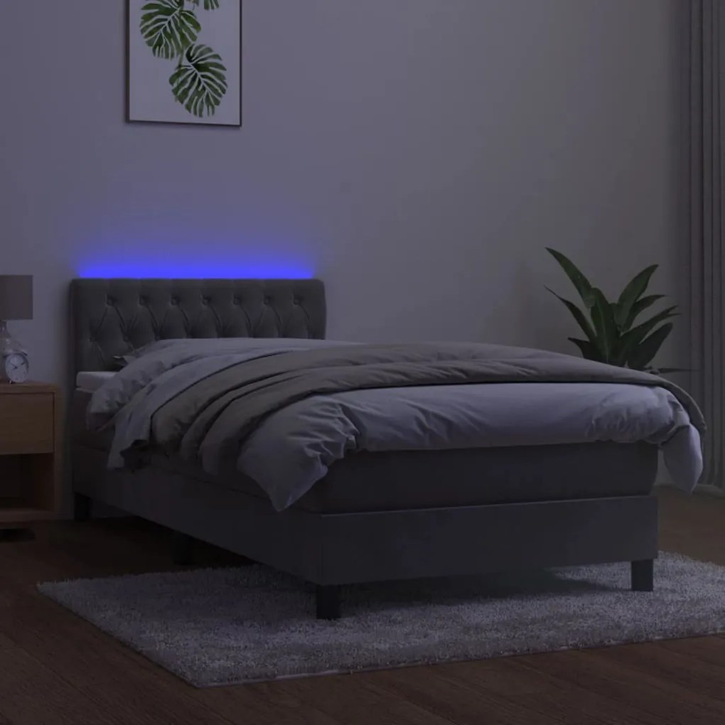 Letto a molle materasso e led grigio chiaro 100x200 cm velluto