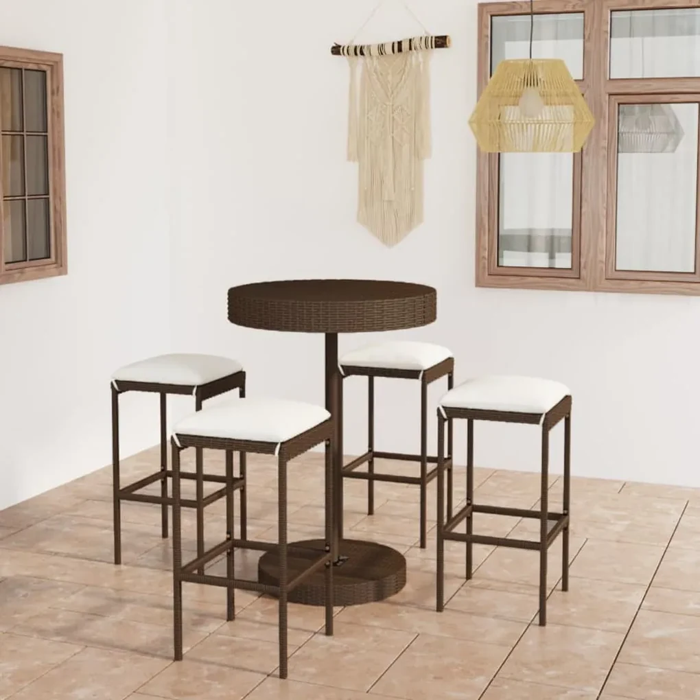 Set da bar da giardino 5 pz con cuscini in polyrattan marrone