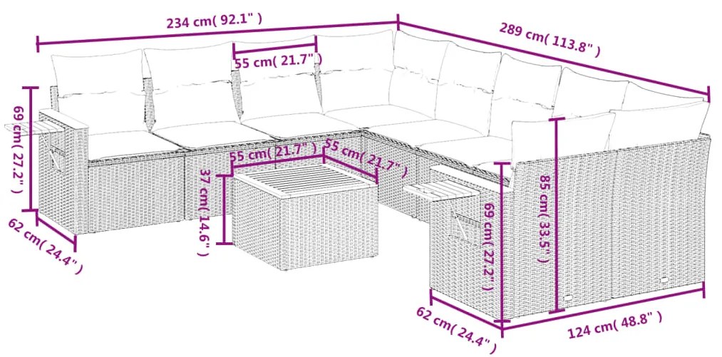 Set divano da giardino 9 pz con cuscini grigio in polyrattan