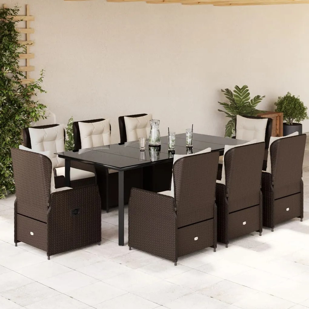 Set da pranzo da giardino 9pz con cuscini marrone in polyrattan