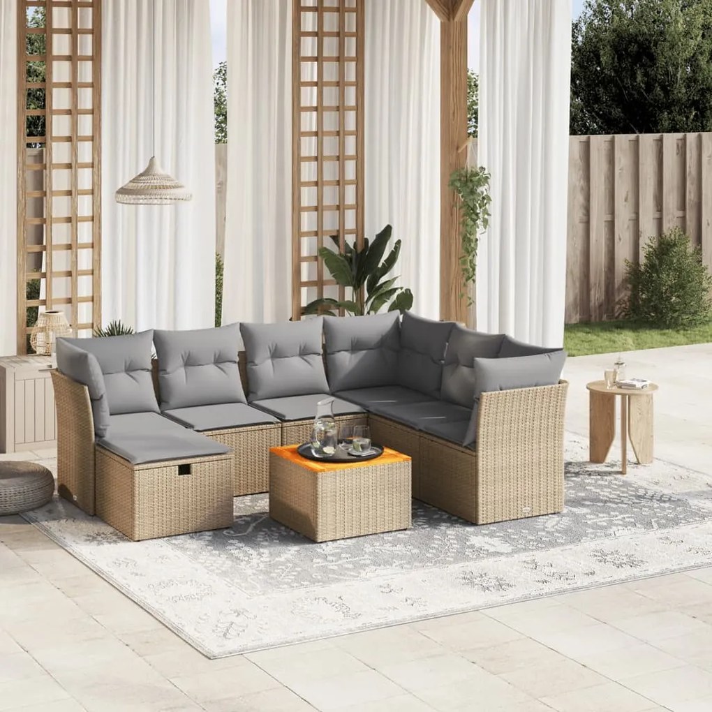 Set Divano da Giardino 8 pz con Cuscini Beige Misto Polyrattan