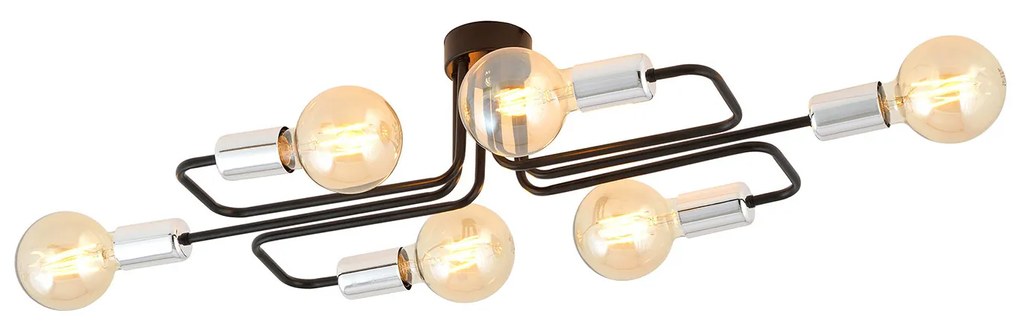 Plafoniera Industriale 6 Luci Diomede In Acciao Nero E Cromo A Bracci