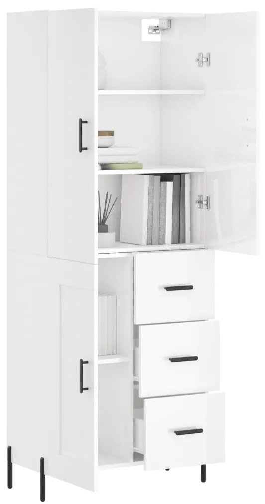 Credenza Bianco Lucido 69,5x34x180 cm in Legno Multistrato