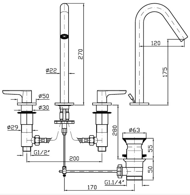 Batteria Bocca Alta Per Lavabo 3 Fori Con Scarico Cromo Zucchetti Medameda ZMM5506