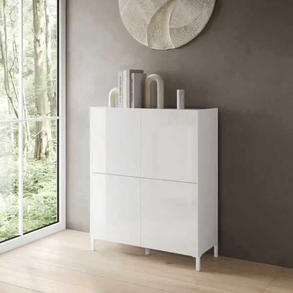 Credenza in legno 90x110 cm a 4 ante e 2 vani con ripiani Bianco Lucido HARAS
