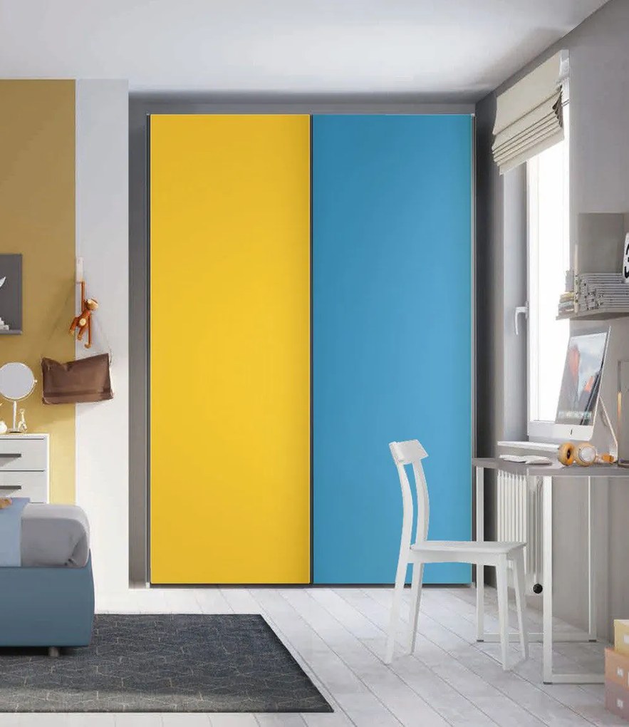Armadio 2 ante scorrevoli H.225 L.178, finitura Giallo zafferano e Blu Egeo