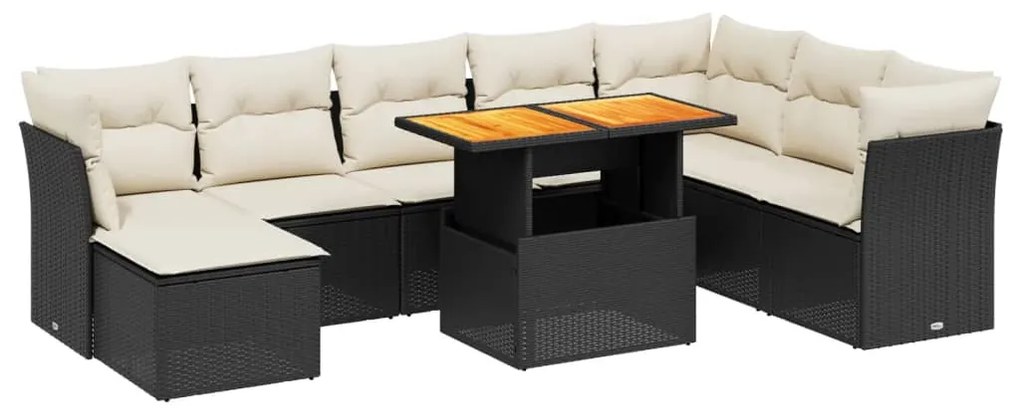 Set divani da giardino 9 pz con cuscini nero in polyrattan