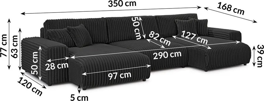 Divano angolare grigio scuro allungabile/con contenitore (a U) rivestito in velluto a coste Sarina – Ropez