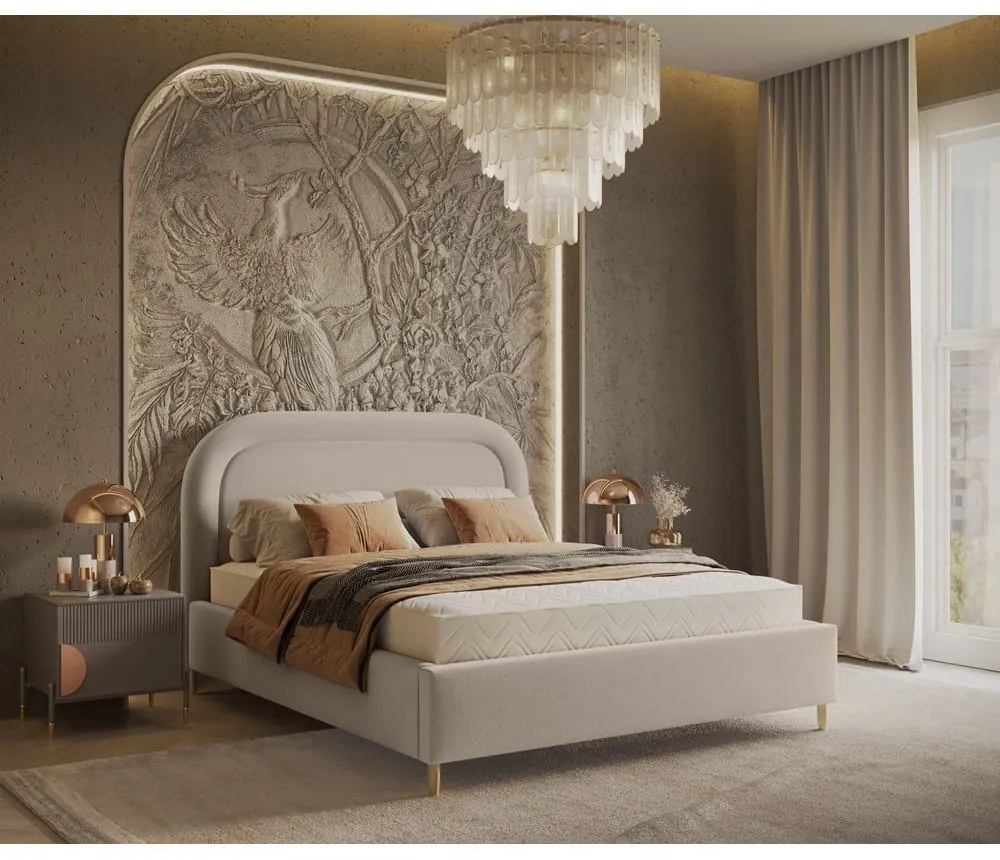 Letto matrimoniale imbottito beige con spazio contenitivo e rete 160x200 cm Mija - Maison de Rêve