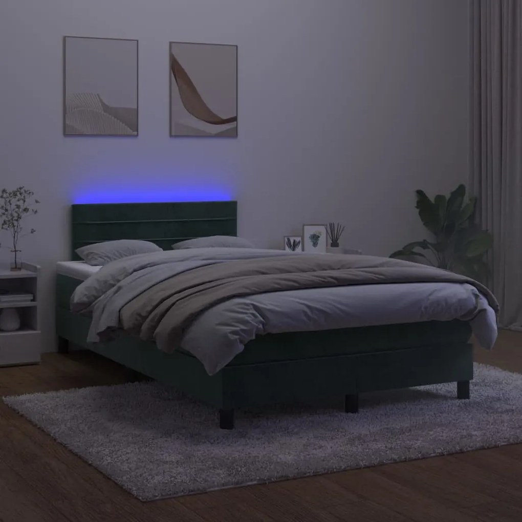 Letto a molle con materasso e led verde scuro 120x190cm velluto