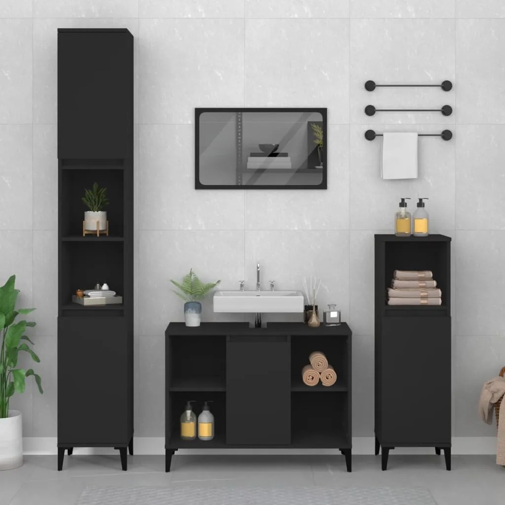 Set Mobili Da Bagno 3 Pz Nero İn Legno Multistrato /