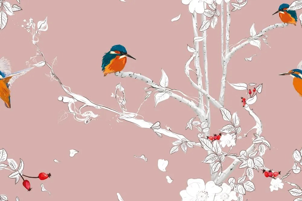Carta da parati – Uccellini nella foresta fitta con sfondo rosa