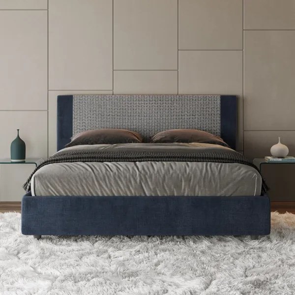 Letto matrimoniale contenitore imbottito 160x210 tessuto Labirinto 9 blu Rosal