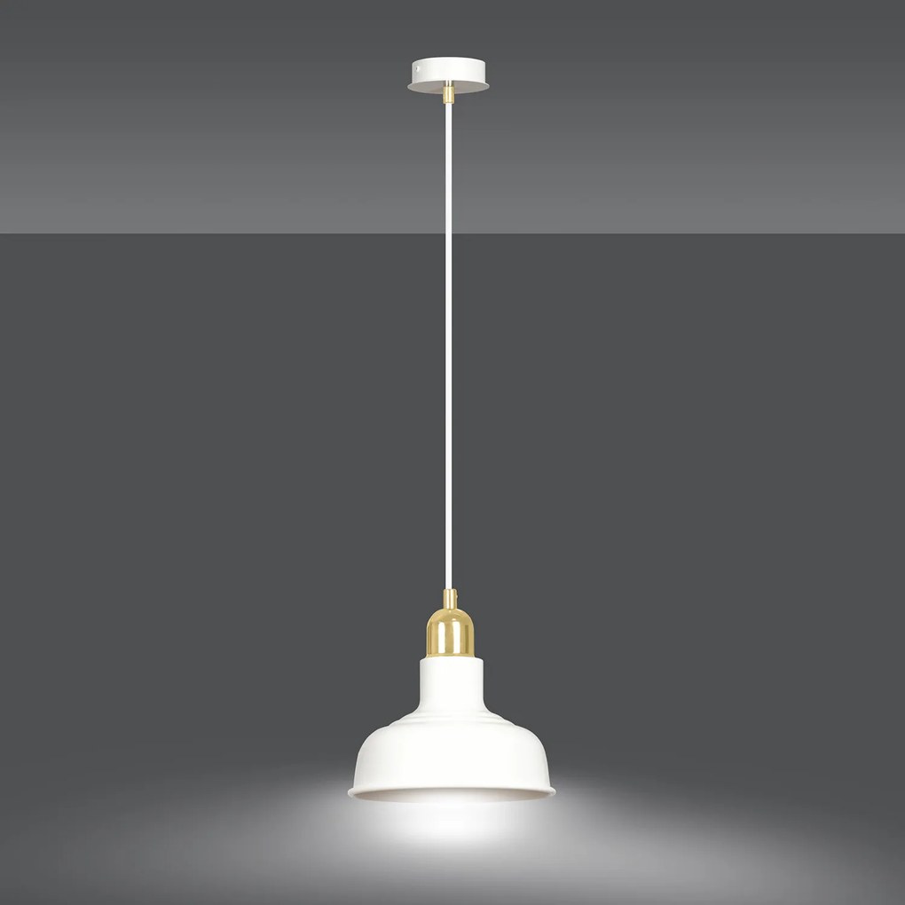 Sospensione Industrial 1 Luce Kubera In Acciaio Bianco Con Elementi In Oro