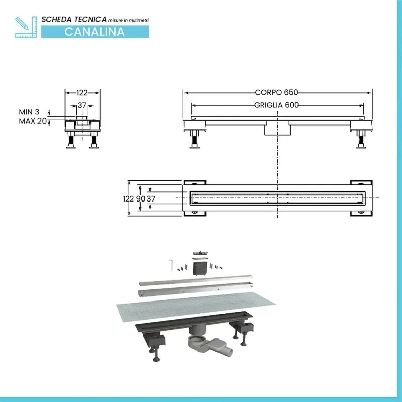 Canalina doccia 60 cm in alluminio reversibile scarico centrale, sifone e piletta inclusi