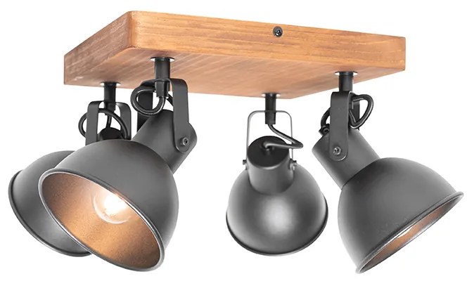 Faretto industriale nero con legno inclinabile 4 luci - Tommy