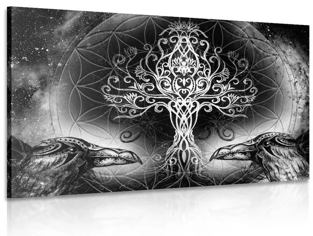 Quadro su tela – Corvi e albero della vita in bianco e nero