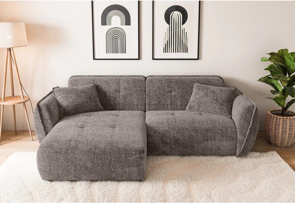 Divano angolare grigio tortora (con penisola a sinistra/con chaise lounge) con rivestimento in ciniglia Nelia – Ropez