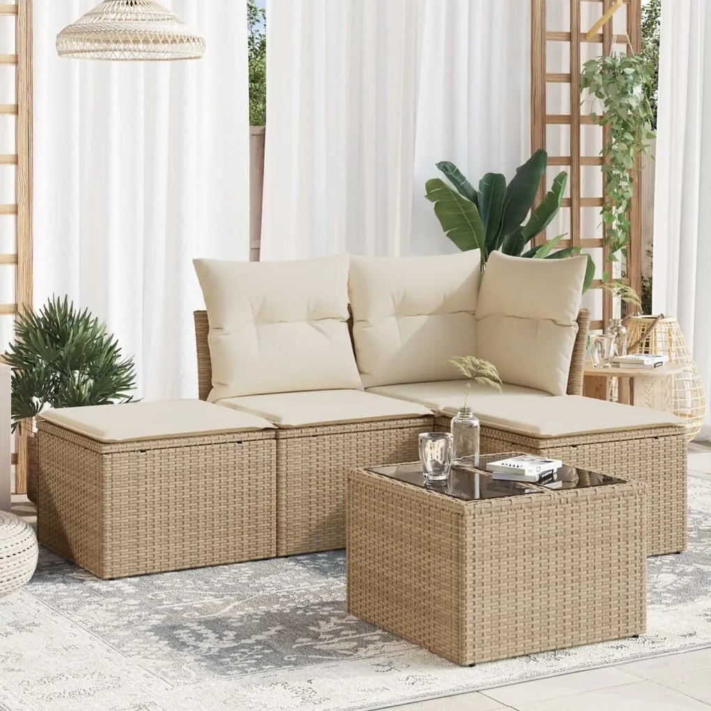 Set Divano da Giardino 5 pz con Cuscini Beige in Polyrattan