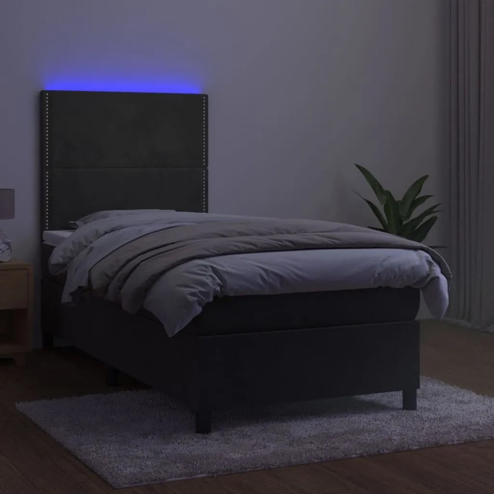 Letto a Molle con Materasso e LED Grigio Scuro 90x190cm Velluto