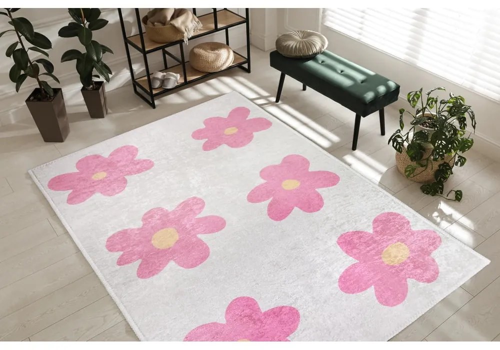 Tappeto per bambini rosa e avorio lavabile 60x100 cm Cute Flowers Pink – Vitaus
