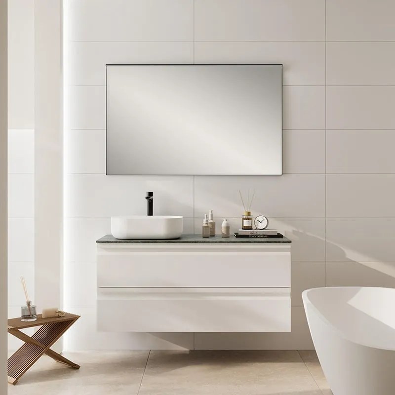 Mobile Pull L120 H55 P45 bianco opaco laccato con 2 cassetti a chiusura ammortizzata, top nero per lavabo in appoggio, piedini non inclusi