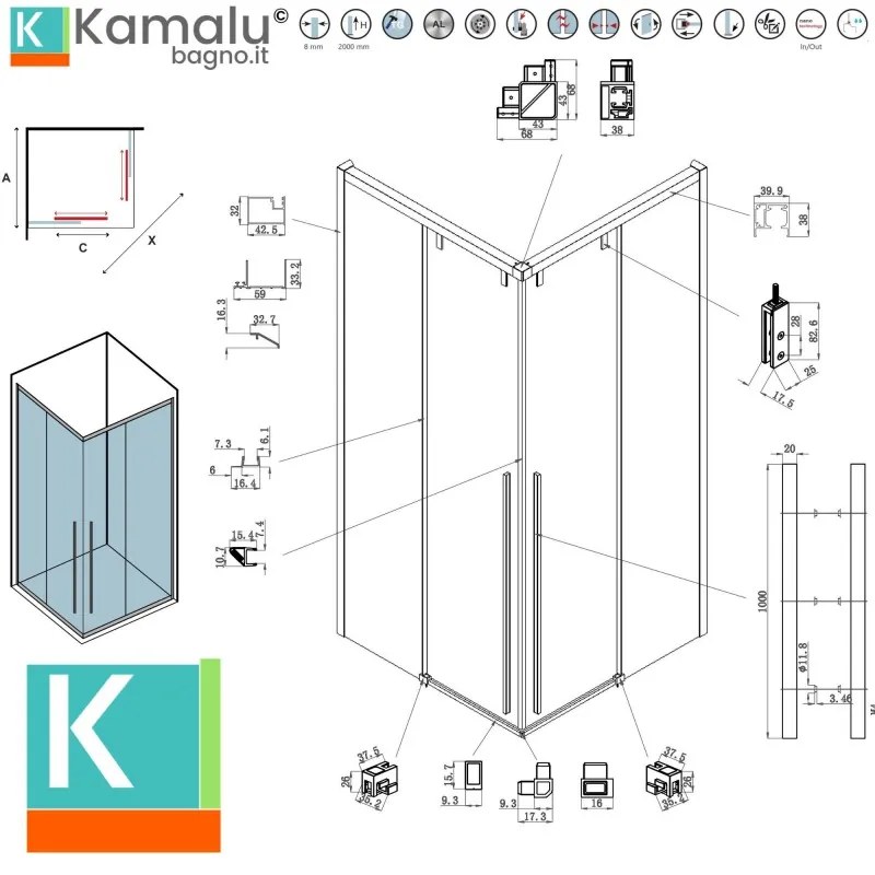 Kamalu - Box doccia 90x90 colore oro rosa doppio scorrevole vetro 8mm | KSA1000RG