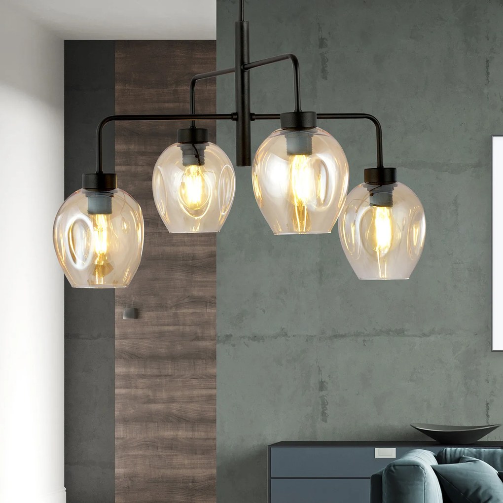 Lampadario Moderno 4 Luci Auriga In Accaio Nero E Vetro Ambra