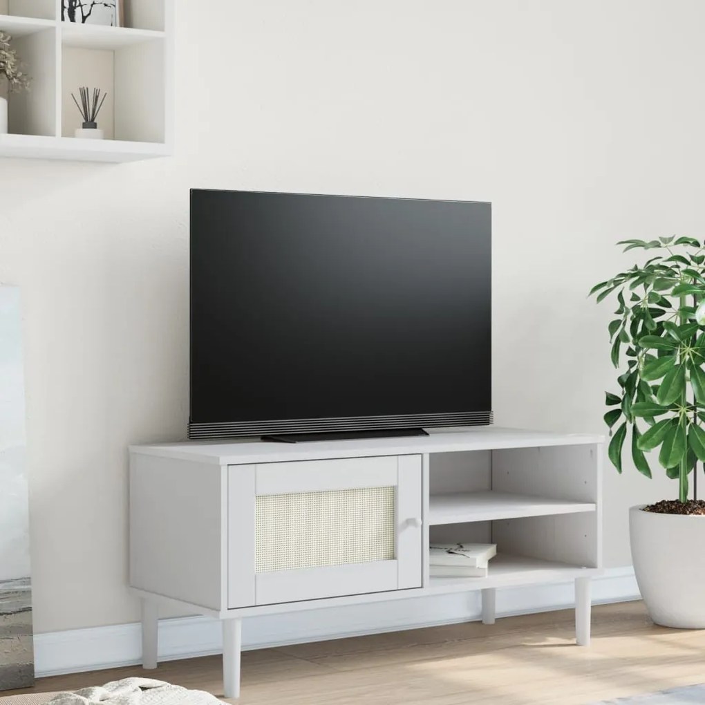 Mobile TV SENJA Aspetto Rattan Bianco 106x40x49 Massello Pino