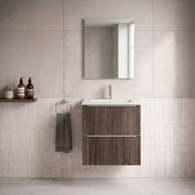 Mobile bagno sospeso Neo Groove L 61 x H 66 x P 49 cm, 2 cassetti con maniglia cromo, lavabo in ceramica con vasca centrale Maya incluso, noce cannettato