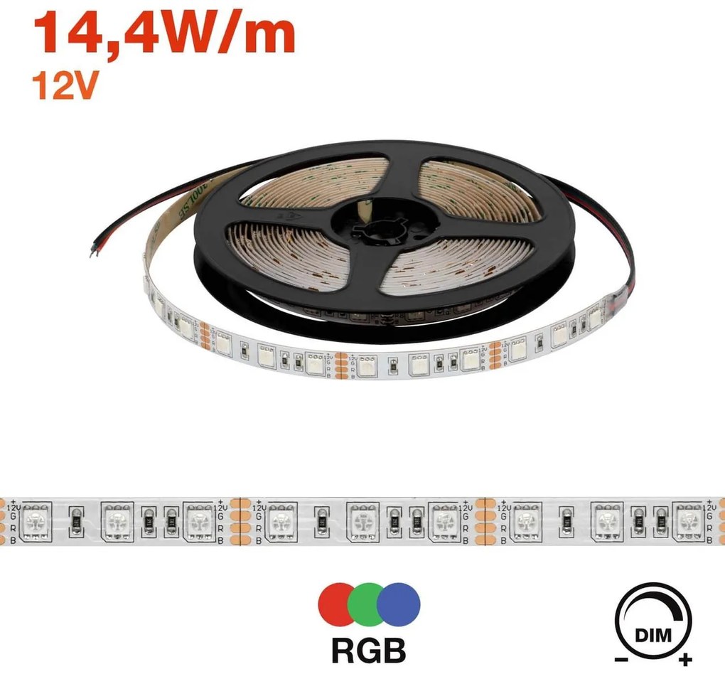 Striscia LED 5050/60 12V IP20 144W/m  5m - RGB Colore RGB