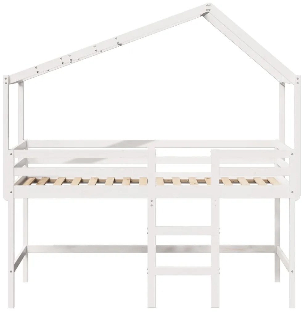 Letto soppalco con scala e tetto bianco 90x200 cm massello pino