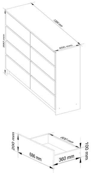 Cassettiera Credenza 140x40x100 Cm 8 Cassetti Artika Bianco Opaco