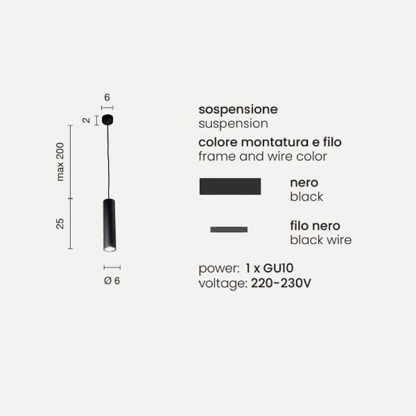 Lampada a sospensione D6 cm in alluminio verniciato a polvere Nero FILO - Piccolo